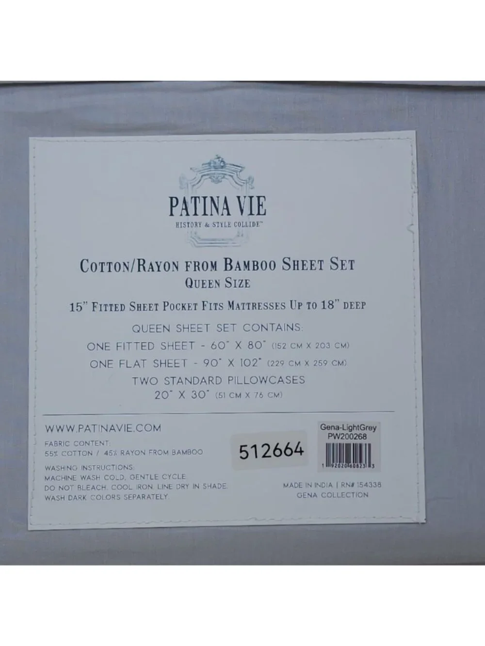 Patina Vie Queen Bamboo Sheet Set Cotton Rayon Light (blue) Grey Fits 18